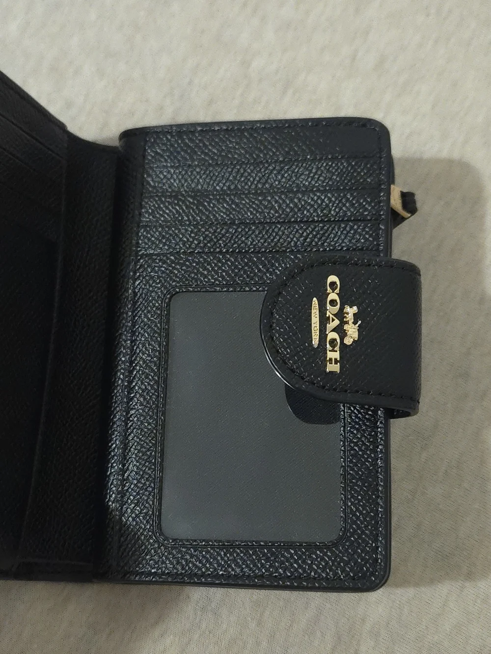 Coach Black Leather Compact Wallet with Gold Logo